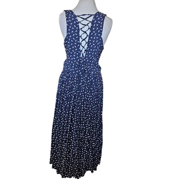 VTG 90s Size‎ M Navy Floral Shirt Dress Long Maxi Sleeveless Rayon Laceup Back - Picture 5 of 11